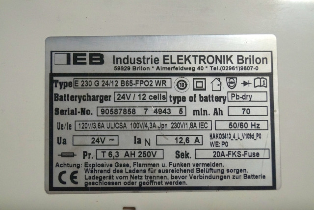 IEB 90587858 | IEB charger EFG 230 G 24/12 B65-FP02 WR 24V12,6A 220V 50/60Hz fro - Batterie für Flurförderzeug: das Bild 2 IEB 90587858 | IEB charger EFG 230 G 24/12 B65-FP02 WR 24V12,6A 220V 50/60Hz fro - Batterie für Flurförderzeug: das Bild 2