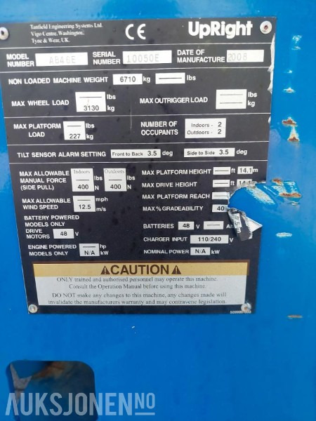 2008 UpRight AB46E bomlift med knekkarm - Arbeidshøyde 16,1 m. - Vekt: 6 700 kg - Timer: 217! - Arbeitsbühne: das Bild 5 2008 UpRight AB46E bomlift med knekkarm - Arbeidshøyde 16,1 m. - Vekt: 6 700 kg - Timer: 217! - Arbeitsbühne: das Bild 5