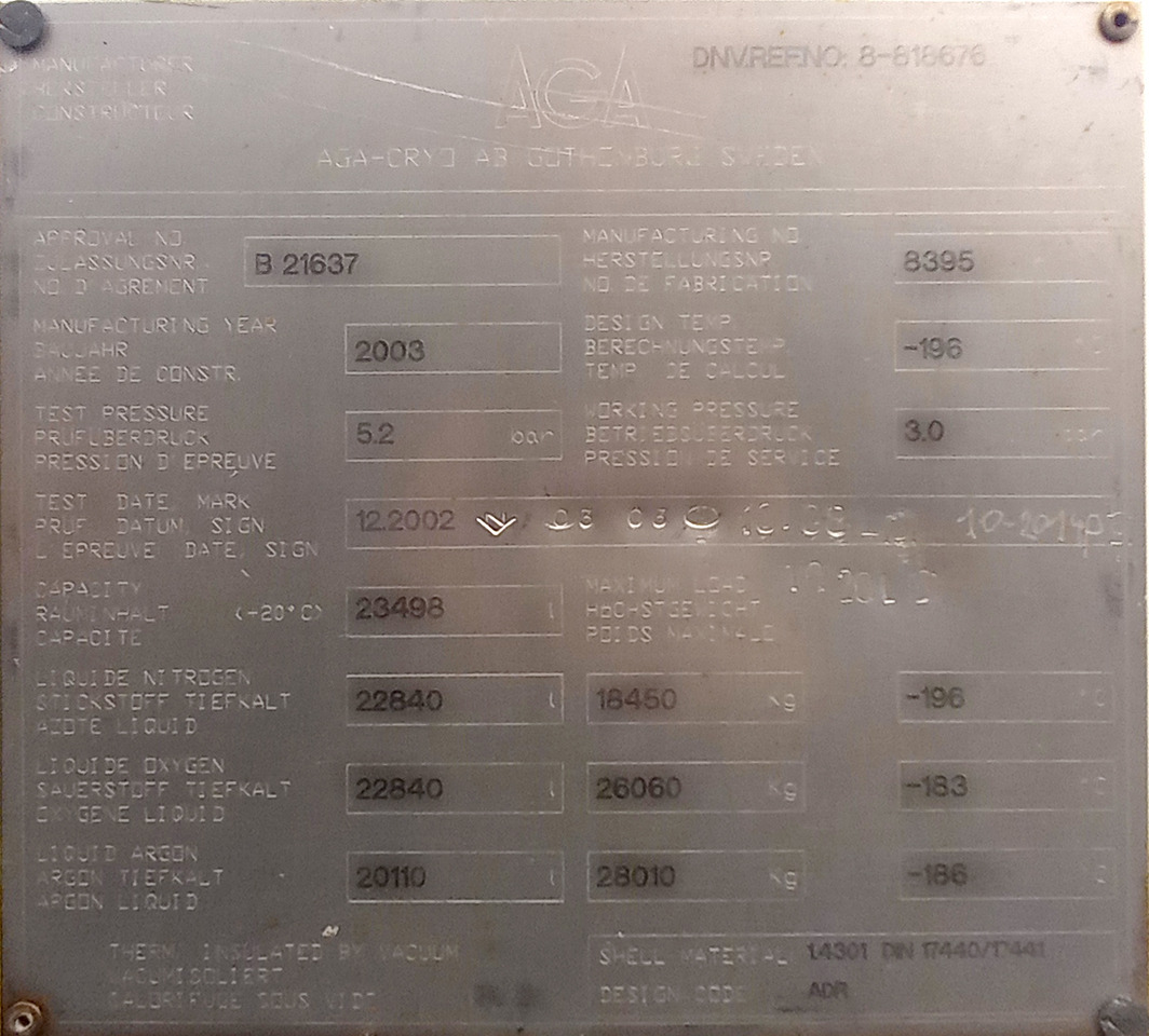 Tankauflieger AGA Cryo Gas tank semi-trailer cryogenic used for nitrogen, argon, oxygen, LIN, LOX, LAR.: das Bild 9 Tankauflieger AGA Cryo Gas tank semi-trailer cryogenic used for nitrogen, argon, oxygen, LIN, LOX, LAR.: das Bild 9
